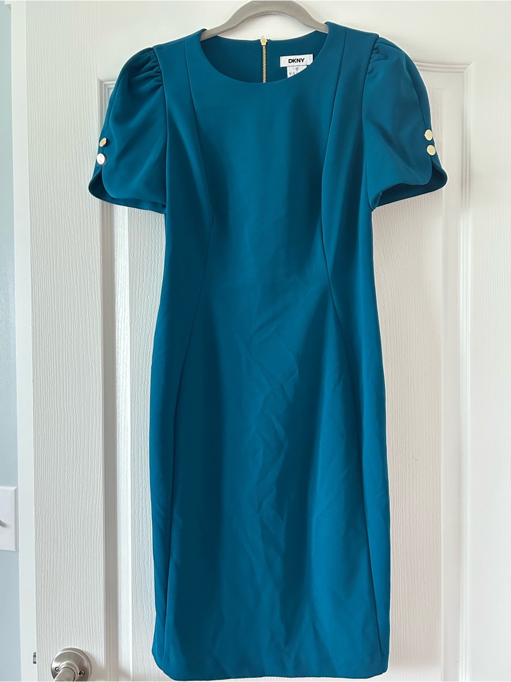 Dkny Teal Puff-Sleeve Sheath Dress with Gold Buttons